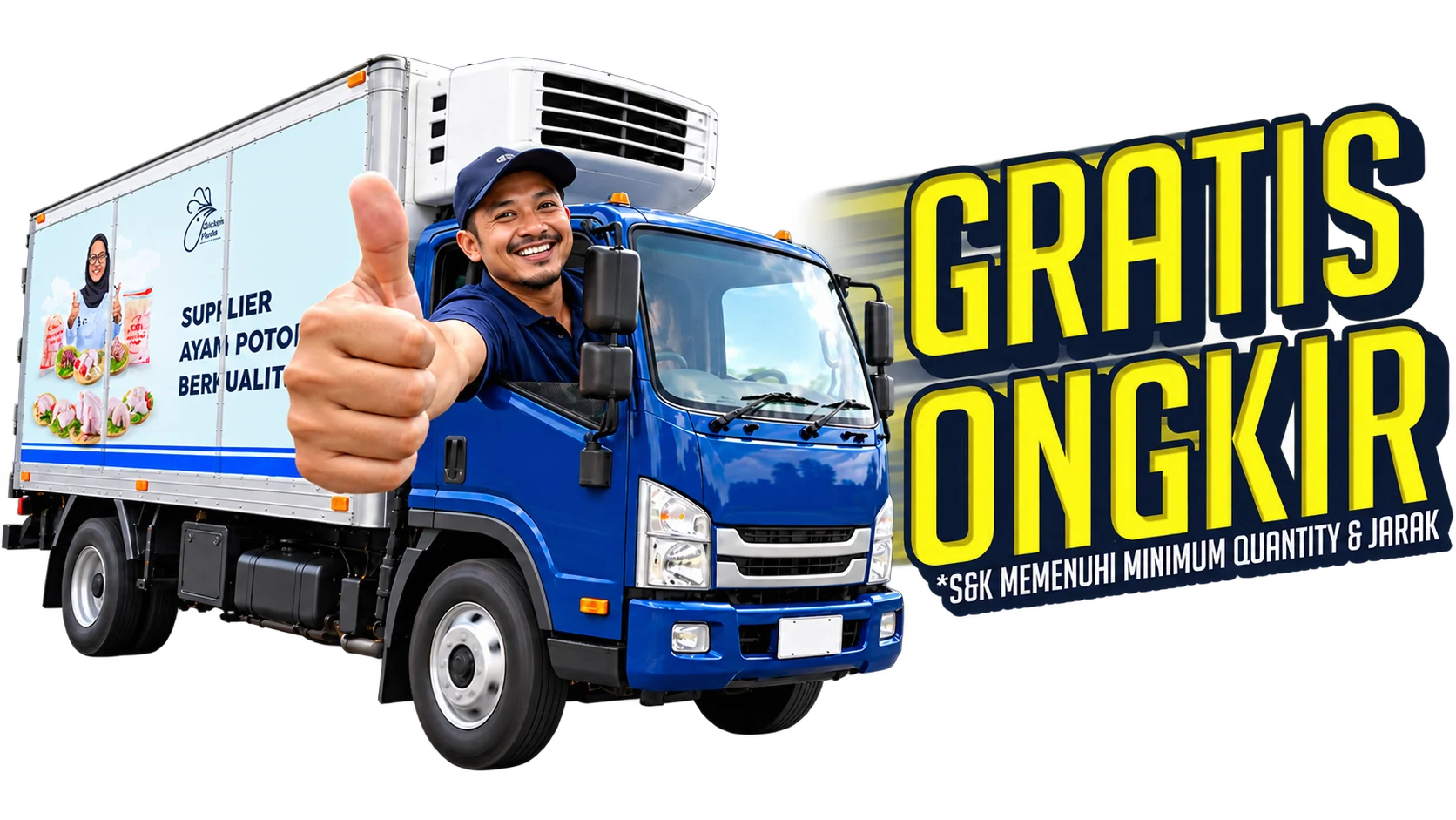 Truk berpendingin Chickin Fresh dengan penawaran Gratis Ongkir; syarat minimum jumlah pesanan dan jarak berlaku