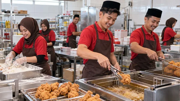 Tim dapur menyiapkan ayam goreng untuk kebutuhan brand fried chicken