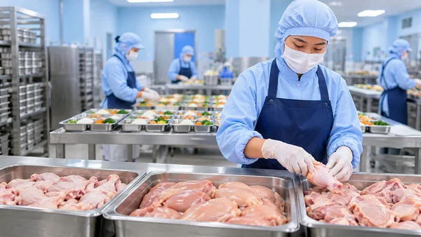 Persiapan ayam dan makanan dalam jumlah besar di dapur SPPG